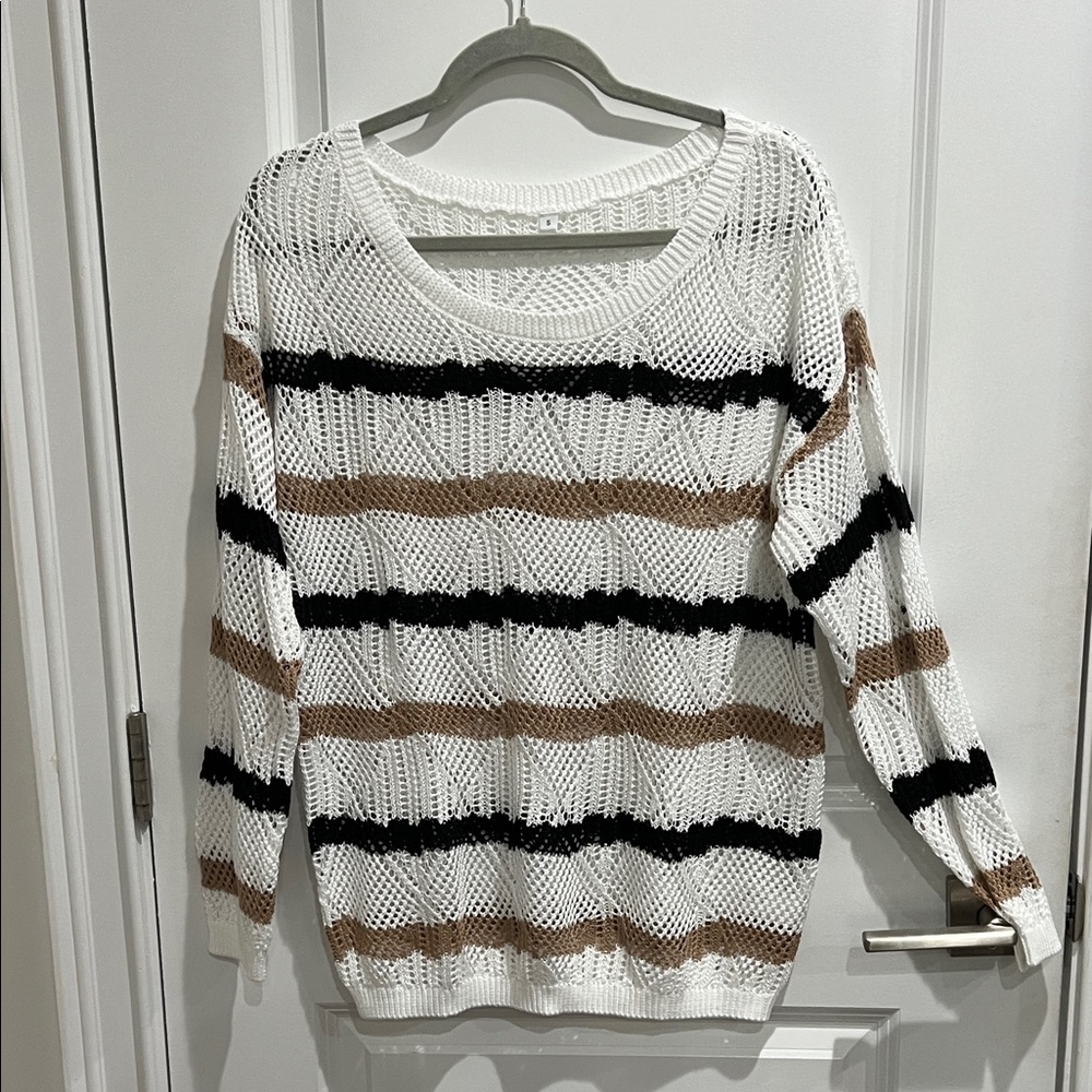 Cozy Striped Knit Sweater - White, Black, and Brown